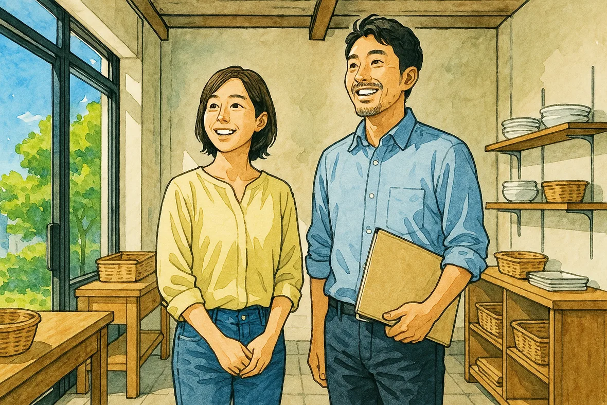 引き継ぐ店を見に来た二人のイラスト
