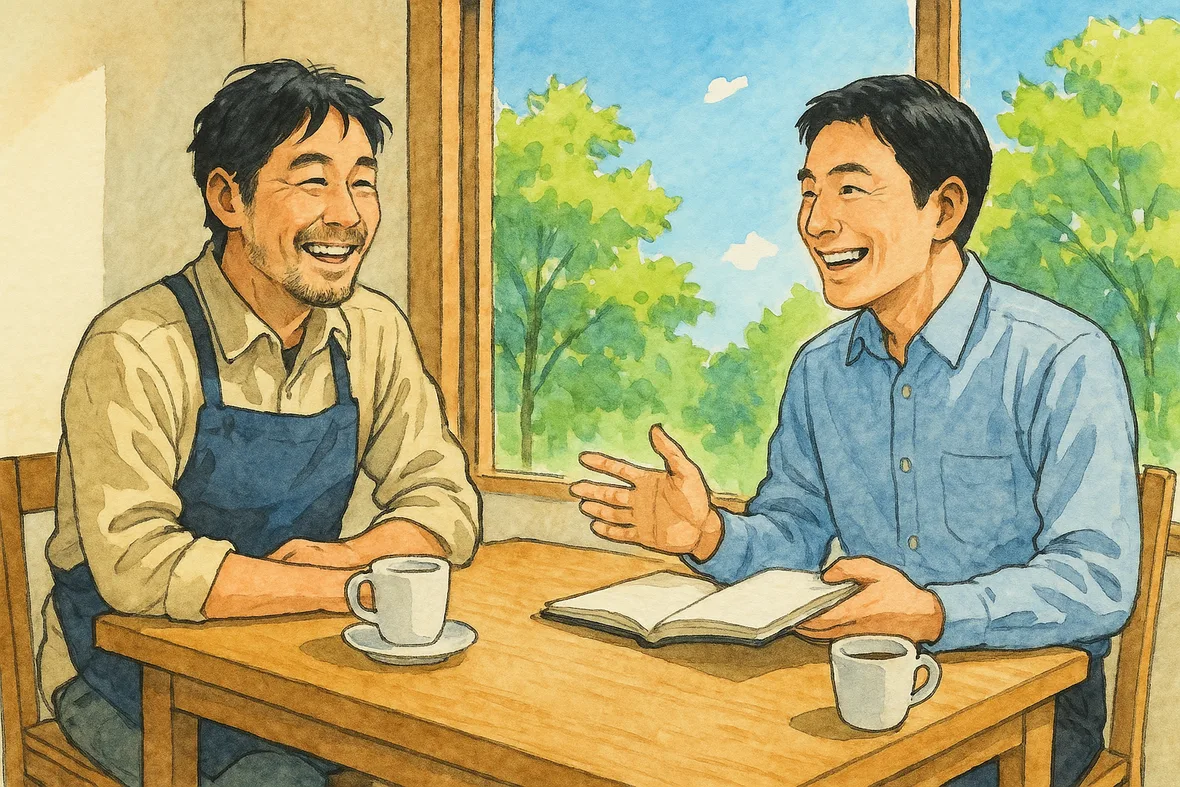 店主とアドバイザーがカフェで話しているイラスト